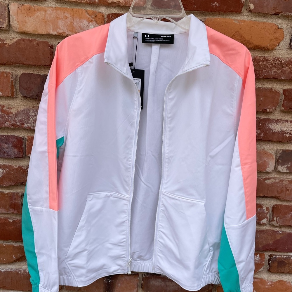 Under Armour White and Pink Bomber Jacket Sporty Lightweight Design